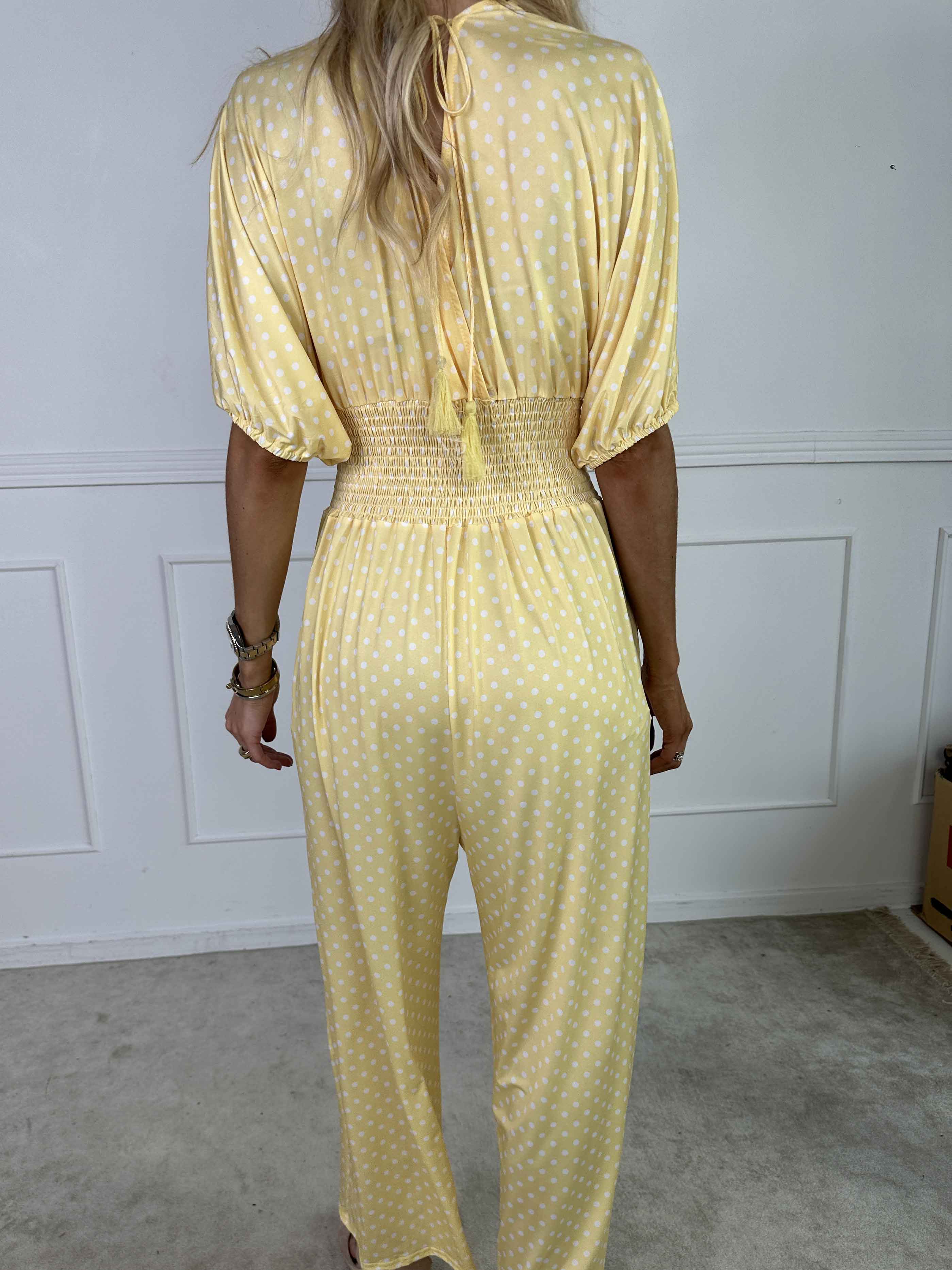 Grace - Buksedragt i elastisk stof med hvide prikker